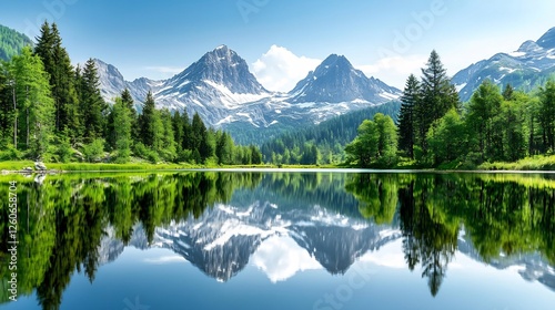 Alpine lake reflection, tranquil mountain range, serene scenery photo