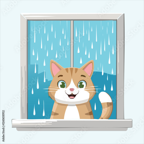 Happy cat watching raindrops slide down a glass window