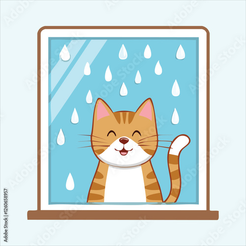 Happy cat watching raindrops slide down a glass window