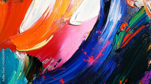 Vibrant abstract painting with thick, textured oil paint strokes in bold colors like blue, orange, pink, and green, creating a dynamic composition. photo