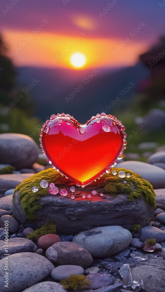 Fototapeta premium Shiny Heart Resting on Mossy Rock in Golden Sunset