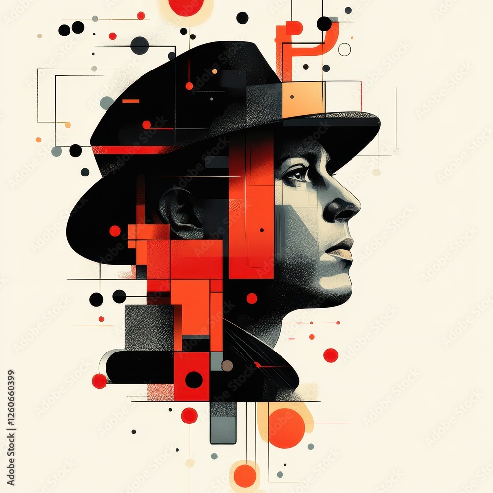 Abstract Geometric Portrait of a Person Wearing a Hat with Bold Shapes, Diverse Colors, and Dynamic Lines Integrating Modern Artistic Elements Abstract Geometric Portrait of a Person Wearing a Hat with Bold Shapes, Diverse Colors, and Dynamic Lines Integrating Modern Artistic Elements