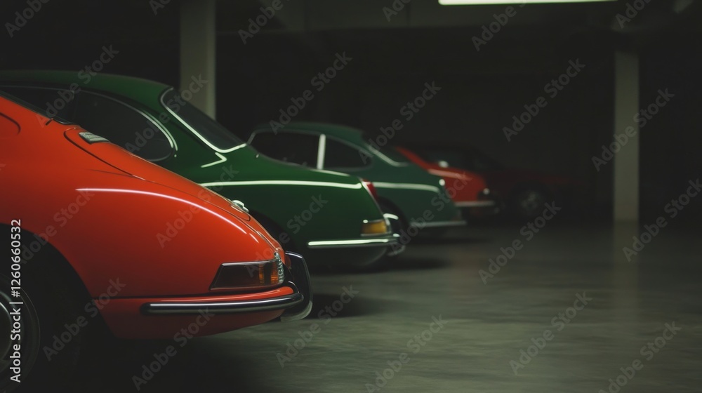 Obraz premium Classic Cars in a Dark Garage, Row of vintage cars, parked in a dark underground garage, for automotive enthusiasts