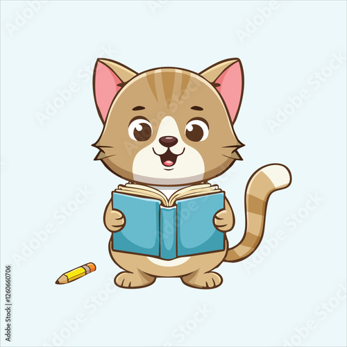 Cartoon bookworm cat taking notes in a tiny journal with a pencil