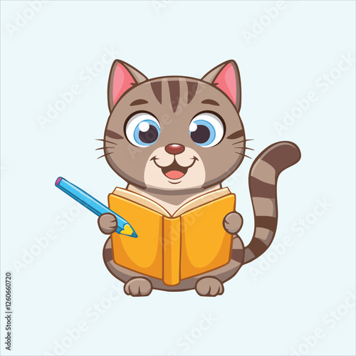 Cartoon bookworm cat taking notes in a tiny journal with a pencil
