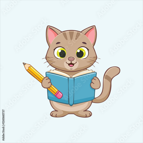 Cartoon bookworm cat taking notes in a tiny journal with a pencil