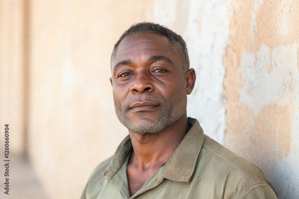 Fototapeta premium capture solemn portrait of thoughtful individual wearing rugged clothes standing against dilapidated wall that hints