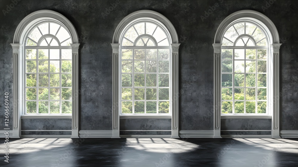 Fototapeta premium Elegant Arch Windows in Dark Room, Sunlight Streaming Through