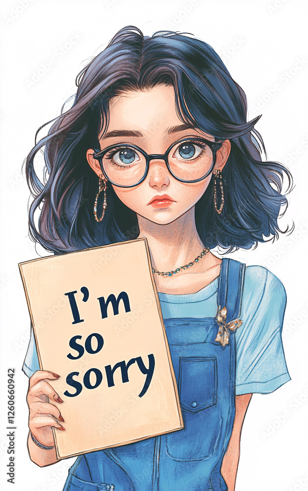 Illustrated girl with glasses holding a sign saying “I'm so sorry”, expressing sadness and regret in a soft artistic style Illustrated girl with glasses holding a sign saying “I'm so sorry”, expressing sadness and regret in a soft artistic style