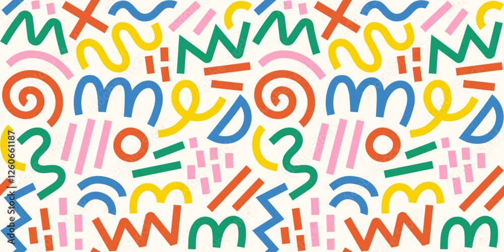 Memphis geometric seamless pattern. Multicolor abstract background in retro 80s, 90s style with various shapes: circles, semicircles, dots, zigzags, spirals, wavy lines. Cute kid doodle design.	