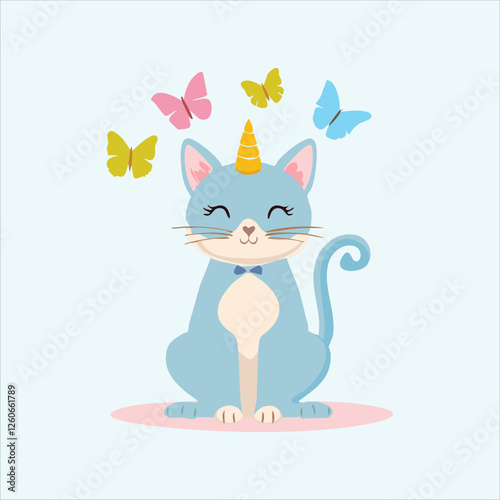 Cute pastel-colored cat with a tiny horn, surrounded by butterflies