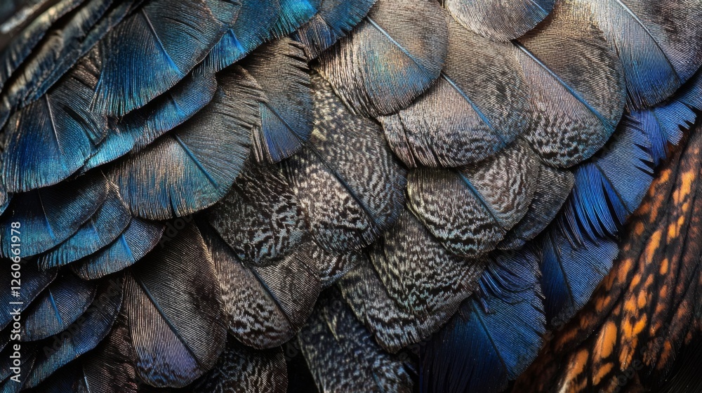 Fototapeta premium Close-up of colorful peacock feathers with detailed texture