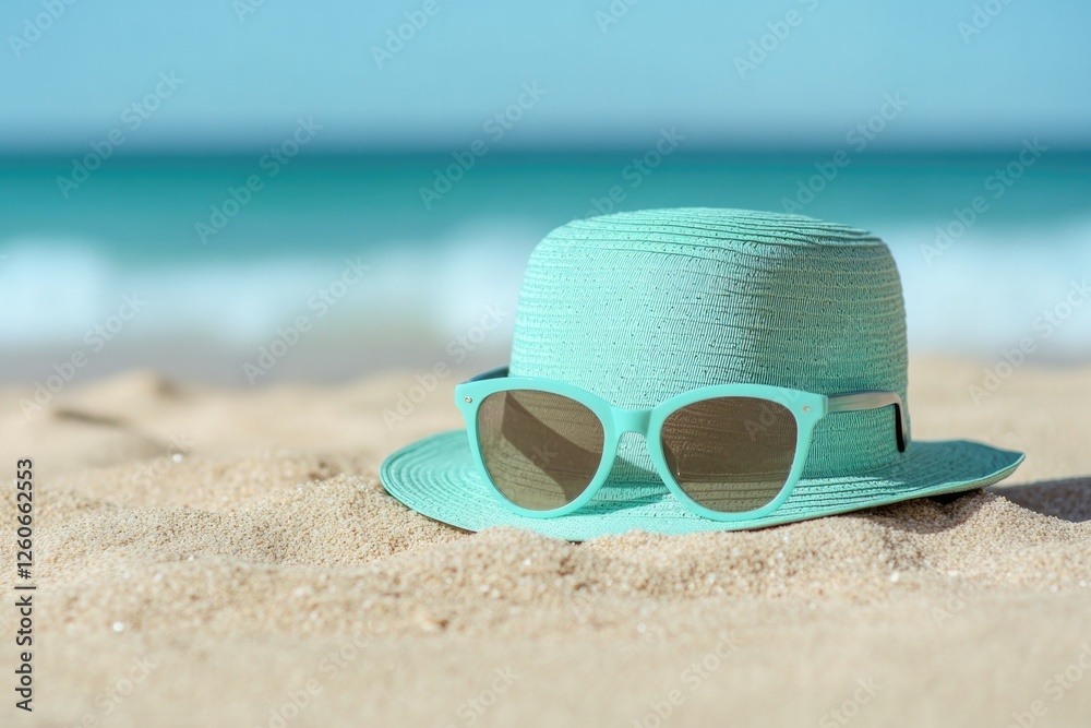 close-up photo of stylish summer hat and sunglasses lying on sandy beach with waves in background close-up photo of stylish summer hat and sunglasses lying on sandy beach with waves in background
