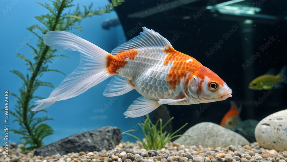 Vibrant goldfish swimming gracefully in a beautifully decorated aquarium with aquatic plants Vibrant goldfish swimming gracefully in a beautifully decorated aquarium with aquatic plants