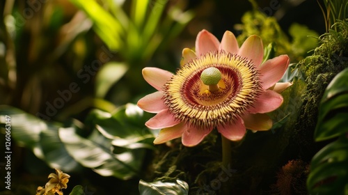 Exotic pink passionflower amidst lush greenery in tropical garden