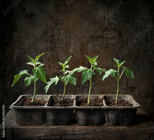 Tomato seedlings growing in trays indoors under natural and artificial light as an example of early plant cultivation and gardening photo