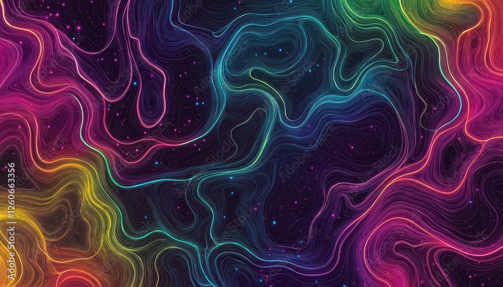 Fototapeta premium Abstract neon topographic design with glowing lines in vibrant colors on a dark background, resembling a futuristic map
