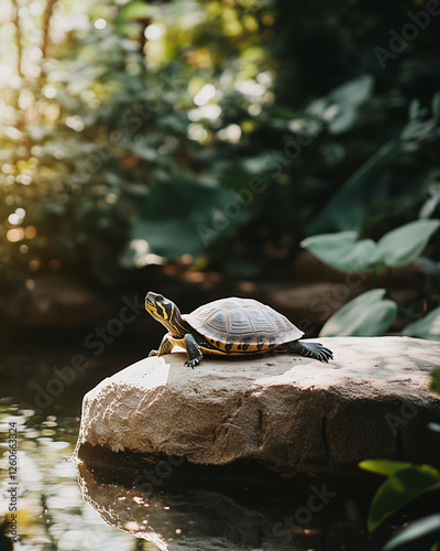 Turtle basking on rock in sunlight near water with forest background
