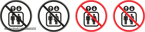 Vector icon collection of prohibited use of elevators or lifts. Information icon symbols prohibit or do not use, and information symbol icons for the public. Vector illustration