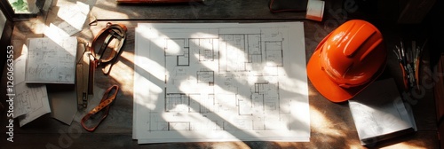 A construction workspace featuring blueprints, a hard hat, and tools, illuminated by natural light, conveying a sense of planning and design.