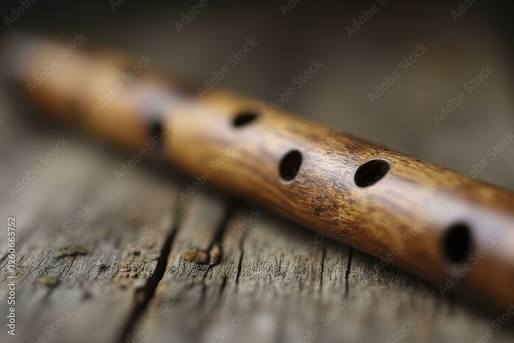 Traditional bamboo flute on weathered wood with soft lighting and rustic details Traditional bamboo flute on weathered wood with soft lighting and rustic details