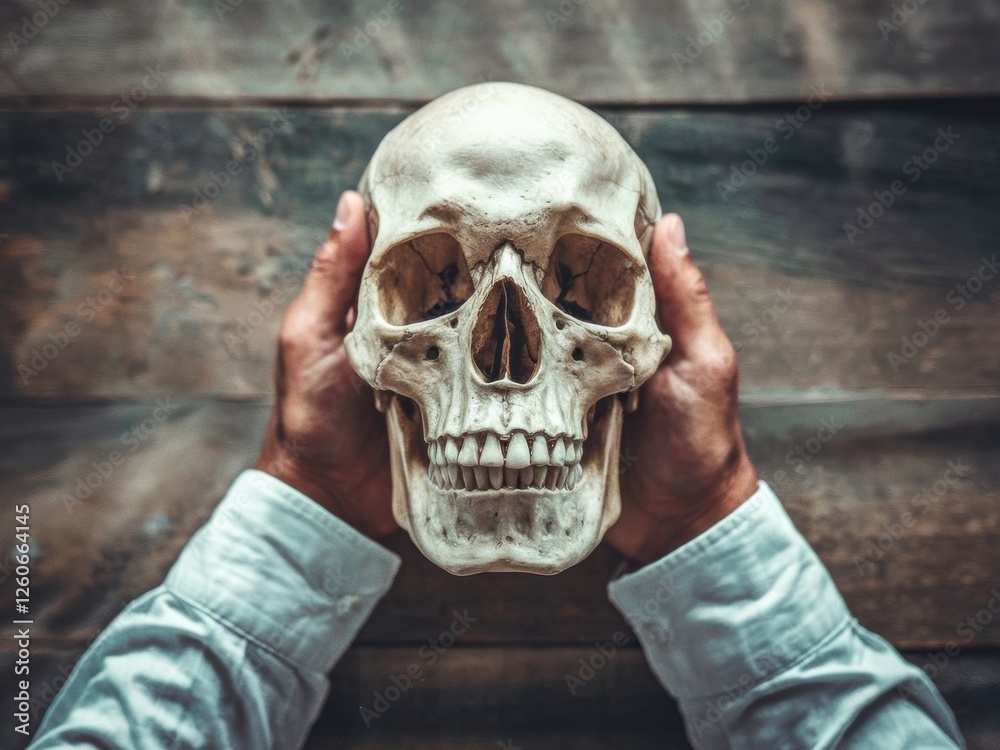 A person holds a realistic human skull in front of a rustic wooden background, emphasizing the detailed features of the skull. A person holds a realistic human skull in front of a rustic wooden background, emphasizing the detailed features of the skull.