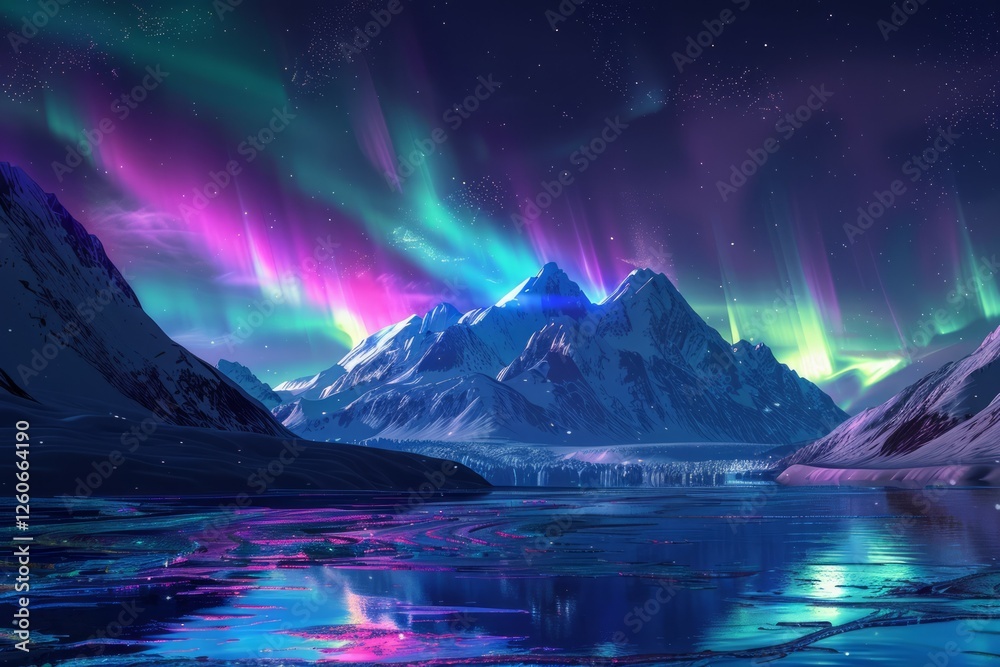 Obraz premium Northern lights over snowy mountain and lake scene. Neural network AI generated
