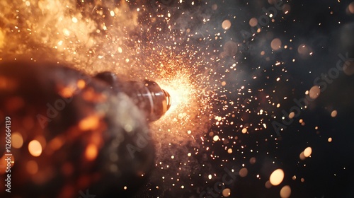 A close-up of a blowtorch emitting a burst of bright orange sparks against a dark background, creating an intense industrial effect. photo