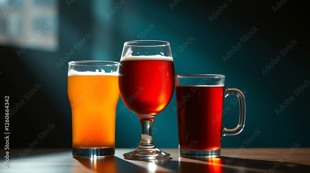 Many glasses of drinks. Juice beer and tea