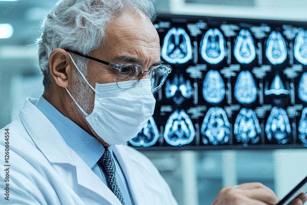 A medical professional examines brain scans while wearing a mask, highlighting the importance of healthcare and diagnostics. A medical professional examines brain scans while wearing a mask, highlighting the importance of healthcare and diagnostics.