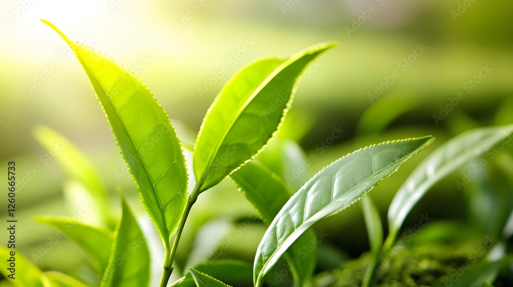 Obraz premium Vibrant Green Tea Leaves Close Up Sunlit
