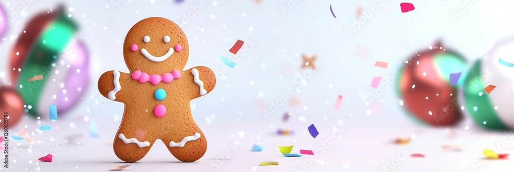 Fototapeta premium Festive Gingerbread Man Illustration - A cheerful gingerbread man enjoys a celebratory confetti shower, symbolizing joy, festivity, sweetness, warmth, and the holiday spirit