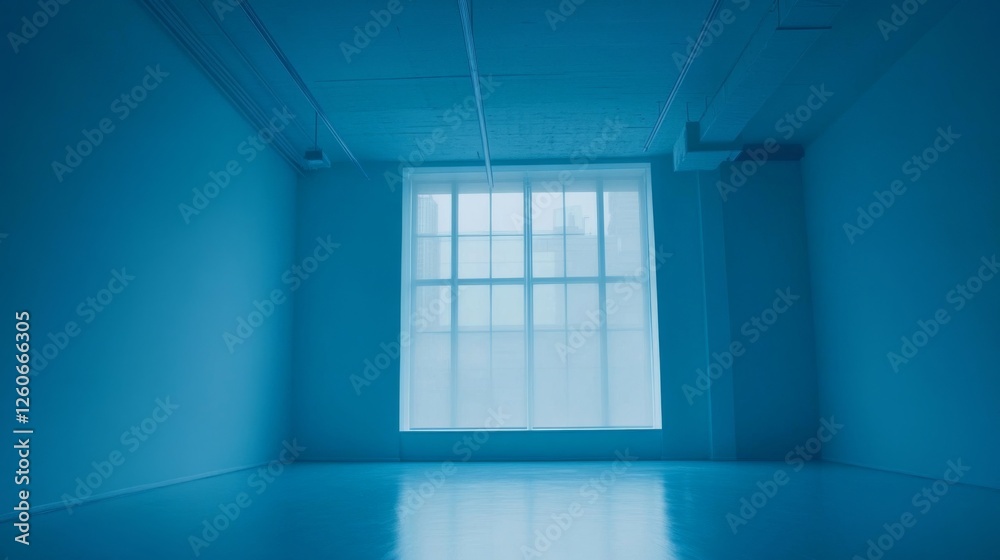 Fototapeta premium Minimalist blue room with large window and modern architecture