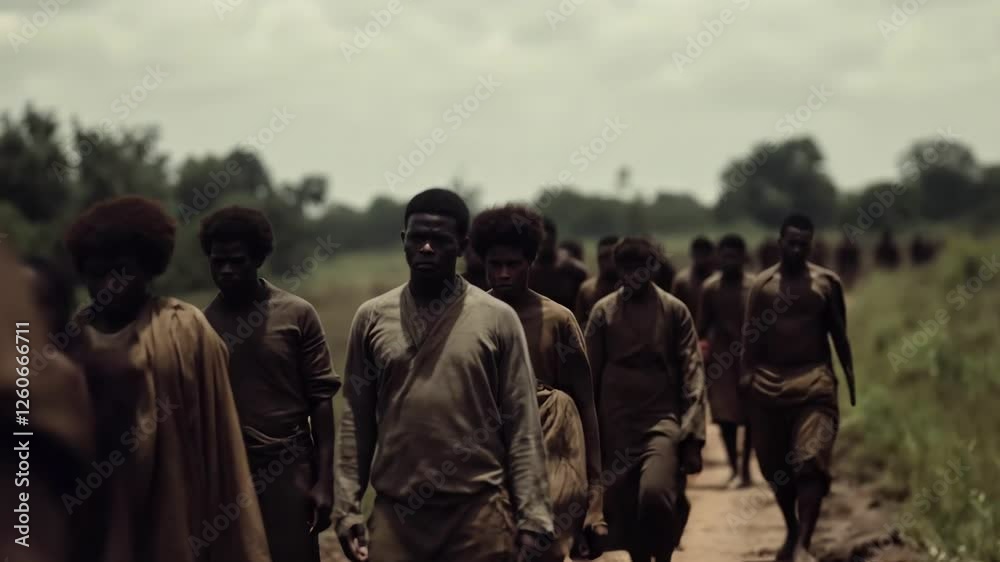 Enslaved men march through a field under a harsh sun, embodying the pain and resilience of their existence. This moment reflects the harsh realities faced during slavery in American history Enslaved men march through a field under a harsh sun, embodying the pain and resilience of their existence. This moment reflects the harsh realities faced during slavery in American history