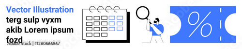 Calendar highlighting dates, person examining with magnifying glass, coupon with percentage symbol. Ideal for planning, analysis, scheduling, time management, discounts marketing finance. Abstract