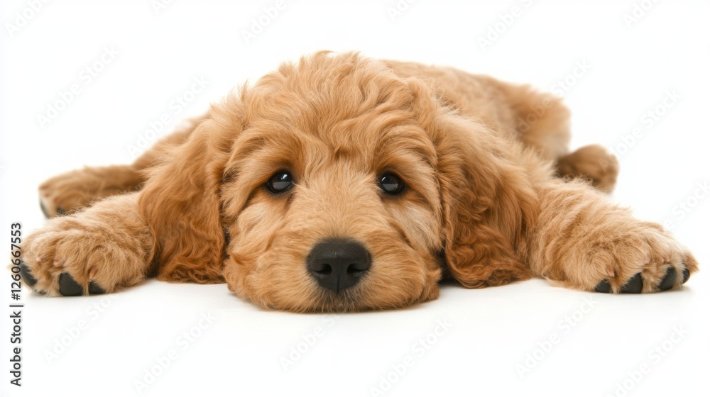 Fototapeta premium Playful puppy lying down on white background