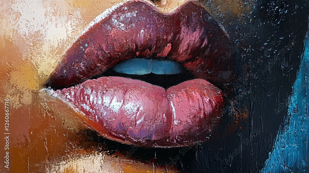 Obraz premium A vibrant close-up of glossy, textured lips in an oil painting, showcasing rich colors, bold brushstrokes, and artistic expression.