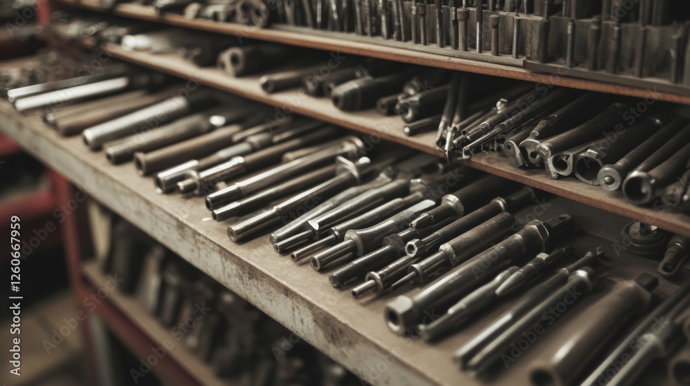 Metal parts organized on shelves in a workshop Metal parts organized on shelves in a workshop