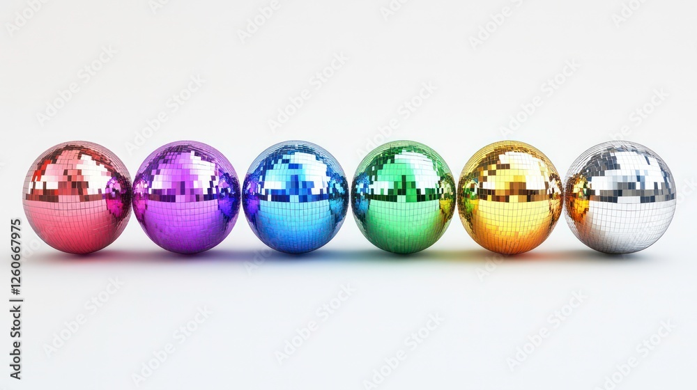 Colorful disco balls aligned on white background Colorful disco balls aligned on white background
