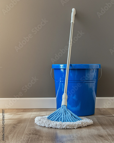 Blue mop and bucket on wooden floor against gray wall