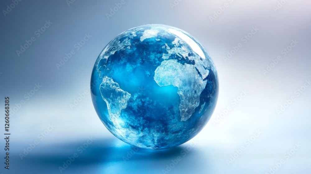 Blue glass earth globe on soft background with detailed continents Blue glass earth globe on soft background with detailed continents