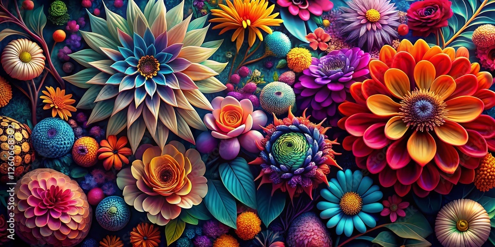 Surreal Floral Pattern Background: Whimsical Flowers and Abstract Shapes, Left Copy Space Surreal Floral Pattern Background: Whimsical Flowers and Abstract Shapes, Left Copy Space