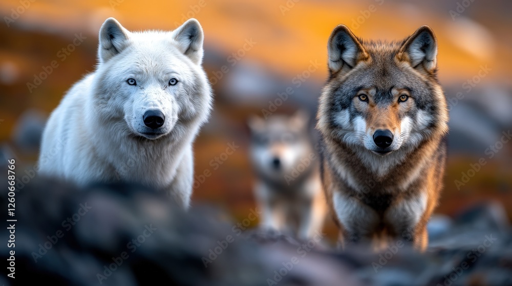 Obraz premium Two captivating wolves, one snowy white and the other a mix of colors, gaze intently into the wild, embodying the strength and beauty of wildlife in a tranquil natural setting.