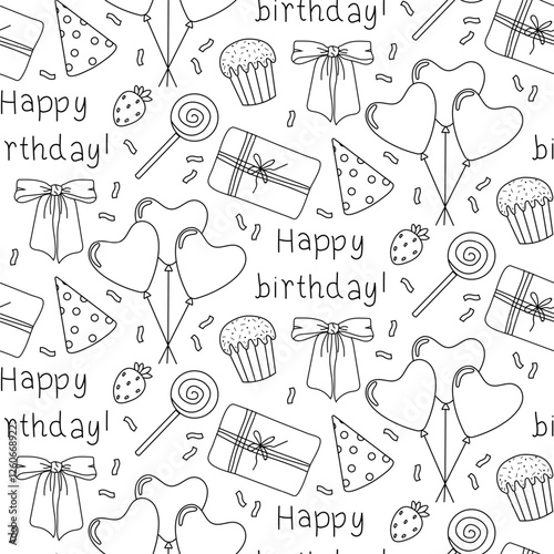 Fun birthday patterns featuring balloons, cakes, and gifts for festive celebrations