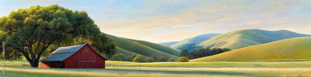 Panoramic View of Red Barn in Field with Rolling Hills at Sunrise Panoramic View of Red Barn in Field with Rolling Hills at Sunrise