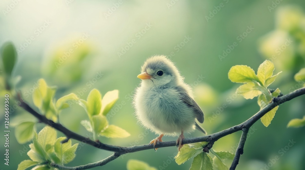 A charming close-up of a fluffy baby bird perched on a branch, surrounded by vibrant green leaves, capturing the innocence and beauty of nature in springtime. A charming close-up of a fluffy baby bird perched on a branch, surrounded by vibrant green leaves, capturing the innocence and beauty of nature in springtime.