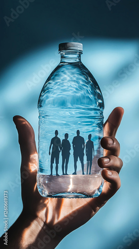 A water bottle held by a hand with a group of people silhouetted inside. Health concept.