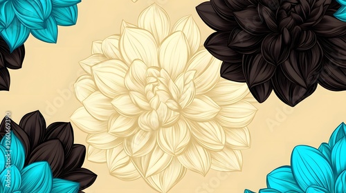 Elegant Dahlia Flowers Seamless Pattern Beige Background