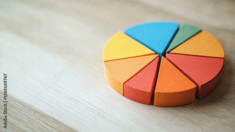 Obraz premium A close-up of a financial pie chart displaying customer demographics, with distinct colors for age groups and gender, arranged on a light wooden background for contrast.