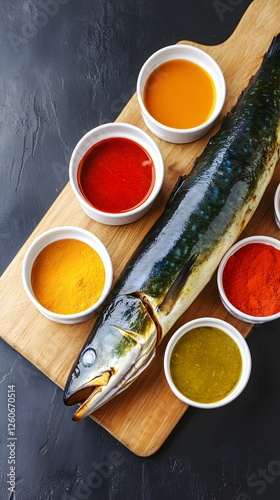 Spicy Smoked Mackerel with Colorful Sauces and Spices